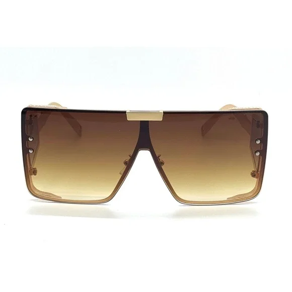 Shield Sunglasses Futuristic Visor Gold Frame Brown Lens Fashion Luxury Model - Picture 4 of 12